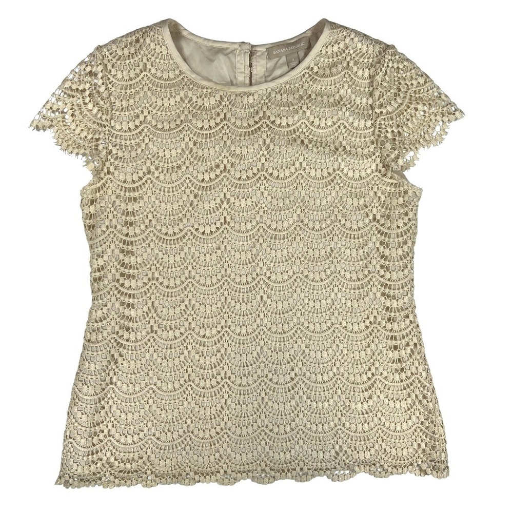 Banana Republic Lace Top Womens Size 4 Beige Crochet Blouse Lined‎